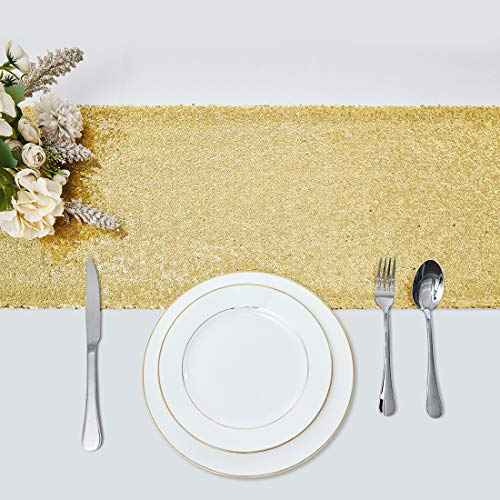 2 Packs 12 x 108 inches Gold Sequin Table Runner, Glitter Gold Table Runner for Wedding Birthday Bachelorette Holiday Party Supplies Decorations Bridal Shower Baby Shower