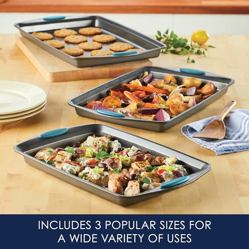 Rachael Ray Agave Blue Grips Nonstick 3-Piece Cookie Pan Set - Baking Sheets