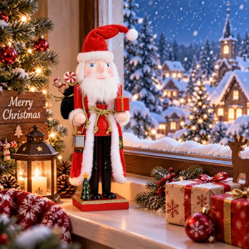 15-Inch Wooden Santa Nutcracker with Gift Sack and Lantern