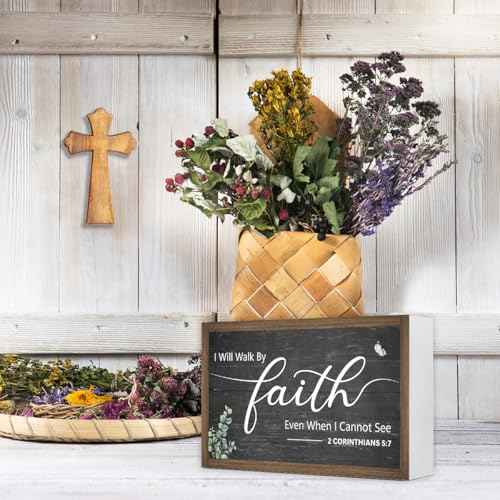 I Will Walk By Faith Wooden Box Sign Decor,2 Corinthians 5:7 Scripture Religious 10.3x6 Inches Wood Block Prayer Sign for Christian Home Office Shelf Wall Decor