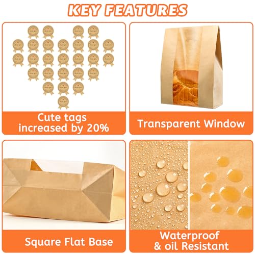 AZLTC 200 Pcs Thickened Sourdough Bread Bags with Window & Labels - Food-Grade Kraft Paper, Leak-Proof & Easy to Display