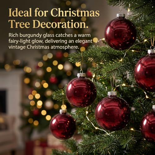 CRPQX Burgundy Mercury Glass Christmas Ornaments Set of 9 - Vintage Wine Red Hanging Baubles