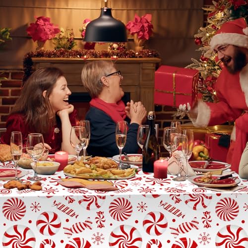 52 Inch x 100 Ft Christmas Plastic Tablecloth Roll - White & Red Candy Cane Design, Disposable Holiday Cover
