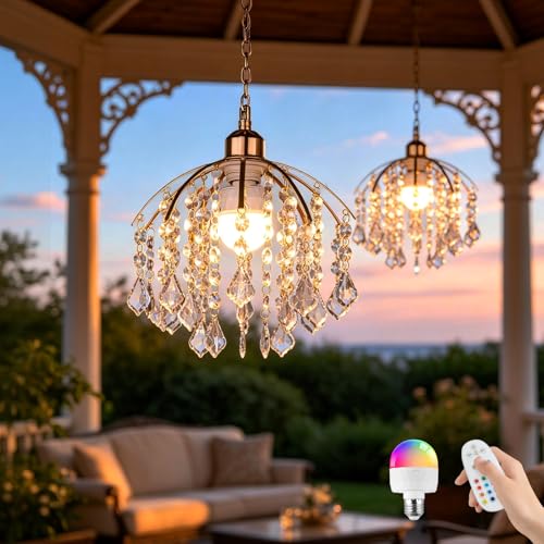 Wireless Crystal Pendant Light with Remote, 12 Colors, Rechargeable Battery, Dimmable 11in Ceiling Chandelier for Indoor & Covered Outdoor