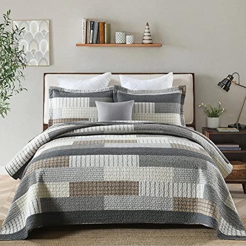 Queen Size Cotton Quilt Set with Striped Shams - Dark Grey, 3-Piece Bedding