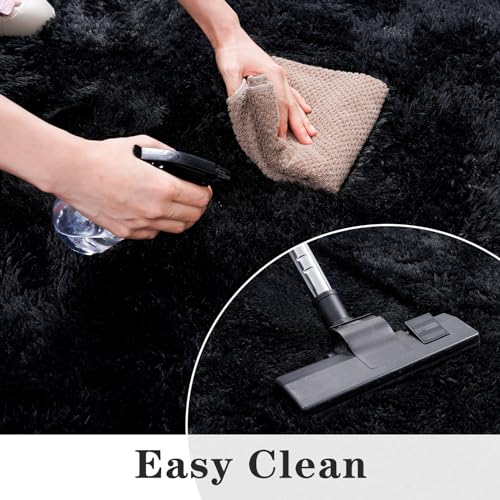 8x10 Black Shag Area Rug - Fluffy Washable Living Room Carpet with Non-Slip Backing