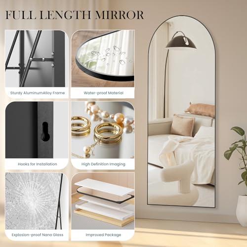 Arched Full Length Floor Mirror 16x59 Inch with Stand - Black