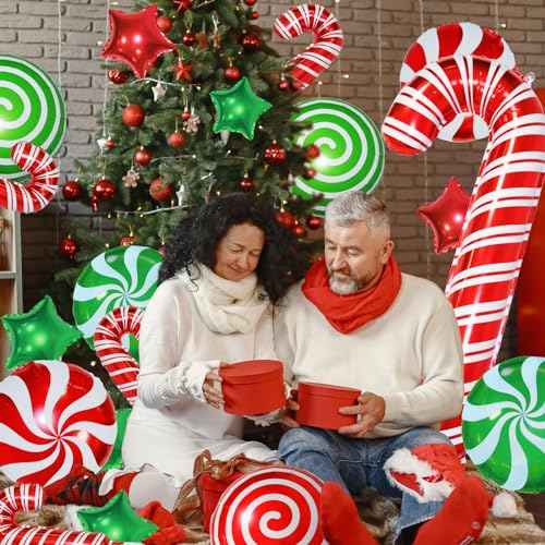 34Pcs Christmas Foil Balloons Set, Candy Cane Mylar Balloons for Xmas New Year Party Decorations