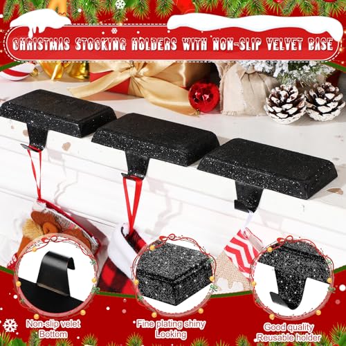 Huwena 6 Pcs Glittery Black Stocking Holders - Christmas Mantel Hooks
