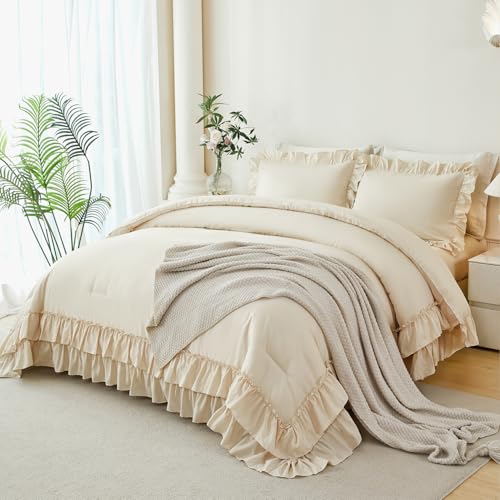 ANGIYUIN 5-Piece Queen Bedding Set Beige Double Ruffle Comforter Sheets