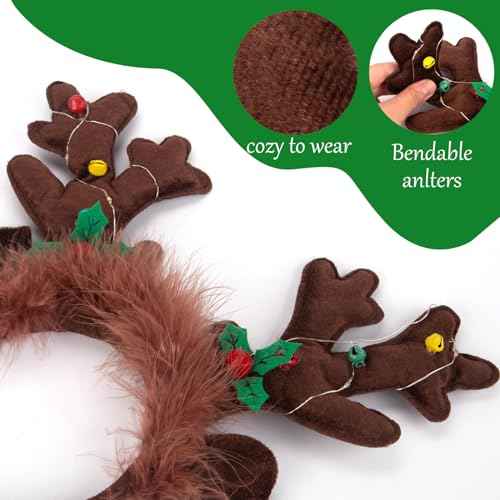 LOVESTOWN Light Up Reindeer Antlers Headband, Christmas Reindeer Headband LED Plush Reindeer Headband for Christmas Party Costume