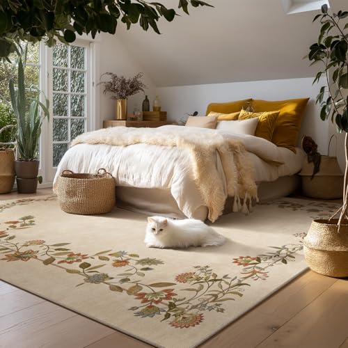 8x10 Edge Floral Cream Brown Washable Area Rug Non Slip Living Room Carpet
