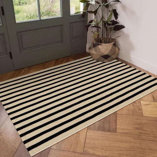Outdoor Washable Rug 3x5 Feet Black and Tan Striped Porch Rug - Waterproof, Indoor/Outdoor