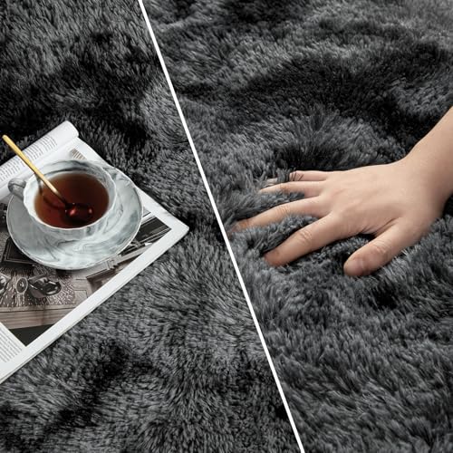 Tie-Dyed Dark Grey Shag Area Rug 6x9 ft Plush Faux Fur Fuzzy Carpet