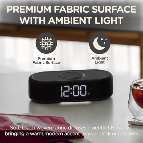 Fabric Digital Alarm Clock with Wireless Charging - Beige - Dual Alarm & Dimmable Display