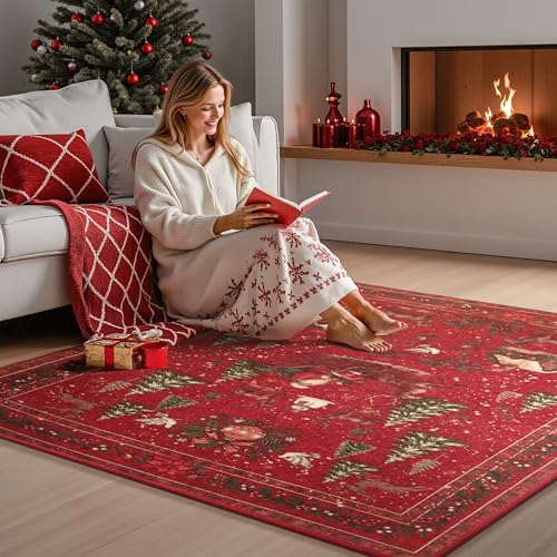 Joiedomi 5'x7' Christmas Rug Red - Non-Slip, Washable Faux Wool Living Room Area Rug