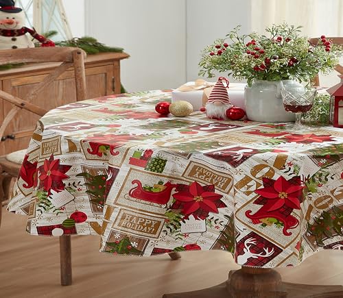 Newbridge Christmas Ivory Sleigh Bells 60 x 84 Oval Vinyl Tablecloth