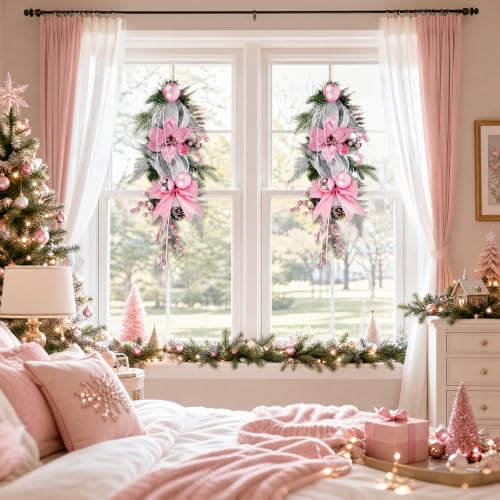 IPOPU Pink 2 Pack Christmas Teardrop Swags 25.5 Inch Decor with Bowknot & Berries