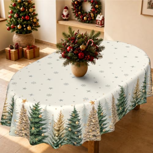 Christmas Oval Tablecloth 60x120 Inches Tree Snowflake Holiday Decor Xmas
