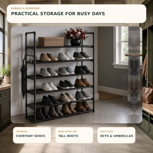 6-Tier Metal Shoe Rack with Hooks - Adjustable, Stackable Shoe Organizer for Entryway & Closet - Black