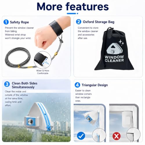Magnetic Window Cleaner Double-Sided Glass Scraper with Storage Bag & Accessories