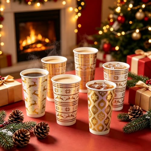 Ironshelf 24-pack Iridescent Christmas Disposable Paper Coffee Cups, 16oz