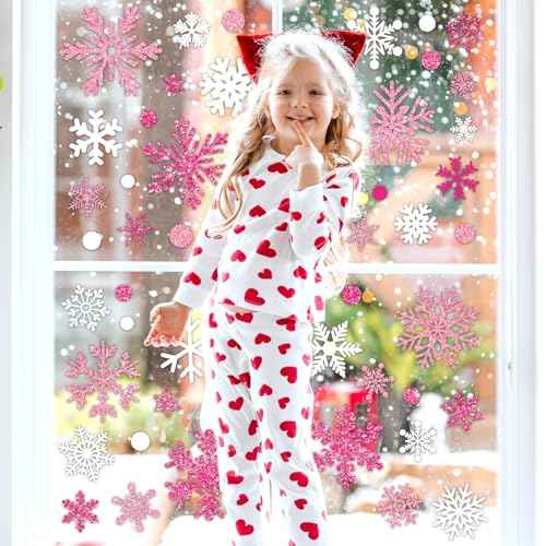 Whaline Glitter Snowflake Winter Window Clings Pink White Snowflake Christmas Window Decals Reusable Windows Decor for Xmas Frozen Party Home School Office Supplies,9 Sheet