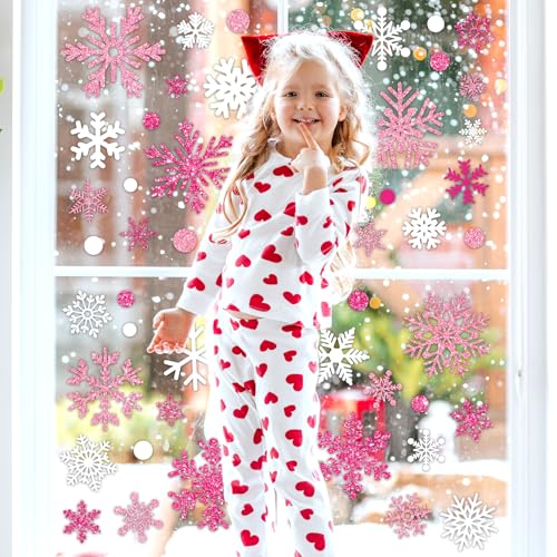 Whaline Pink White Glitter Snowflake Window Clings, 9 Sheets - Reusable Xmas Decor