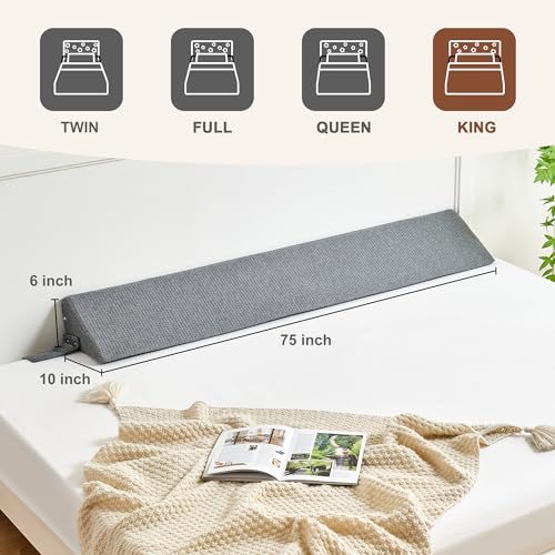 Dark Grey King Size Bed Wedge Pillow 76x6x10 for Headboard Gap Filling, Mattress Support
