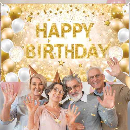 Gold Happy Birthday Decorations Large White Gold Birthday Banner for Women Men Backdrop Banner Poster for Girls Boys Christmas Bday Baby Shower Anniversary Party Supplies