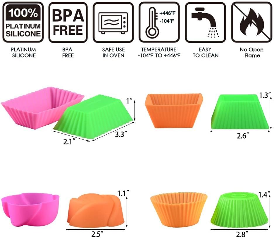 Skiennix Silicone Baking Cups | 24 Pcs Reusable Cupcake Liners in Round, Rectangular, Square & Flower Shapes