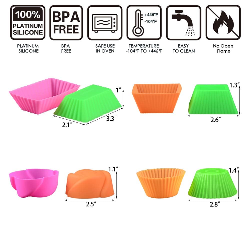 Silicone Baking Cups Cupcake Liners - 24 Pcs Reusable Silicone Molds Including Round, Rectanguar, Square, Flower Food Grade Silicone