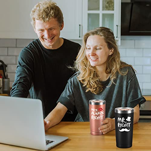 Qtencas Wedding Tumbler Set for Couple Mr. Right Mrs. Always Right Black/Rose Gold - Double Wall Insulated Gift