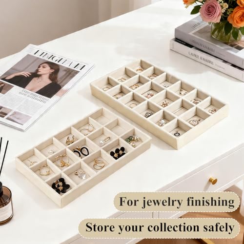 BHUWRY Beige Velvet Jewelry Organizer Trays 24 Pack Stackable Drawer Inserts
