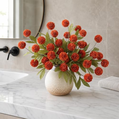 Artificial Fall Pompon Mum Stems - 12 Orange Silk Flowers for Vase Decor, 27 Inches - Creative Autumn Home Decor