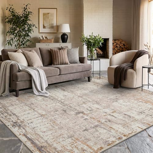 Washable 6x9 Beige Abstract Area Rug - Non-Slip Modern Living Room Decor