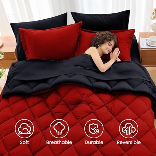 Twin Comforter Set 5-Piece Reversible Bed in a Bag - Red & Black, 68x88