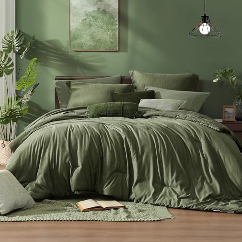 Monbix Oversized Queen Comforter Set Olive Green 7 Pieces Bed in a Bag