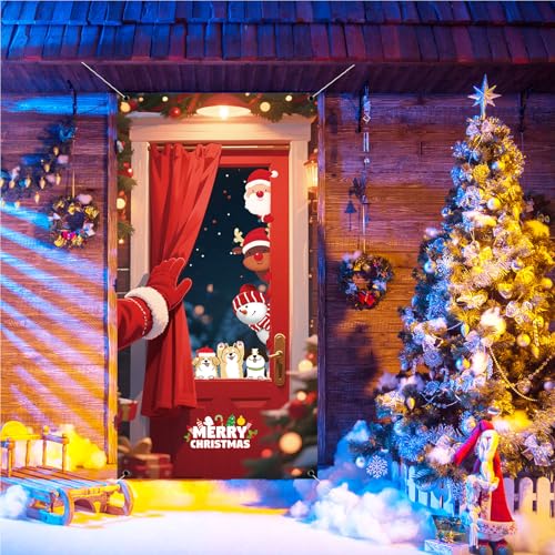 Christmas Snowman & Dog Door Cover - Red Holiday Porch Sign 71x35in