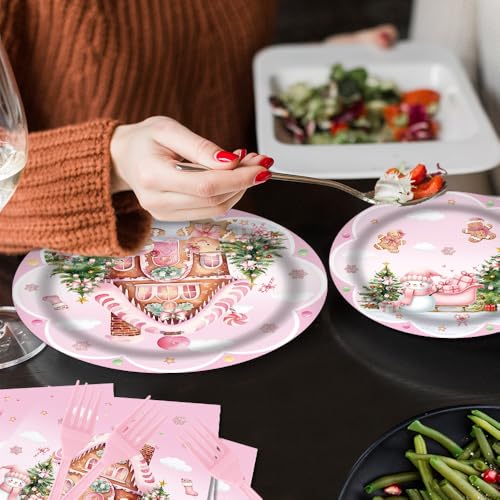 Christmas Pink Gingerbread House Tableware Set 96 Pcs Disposable