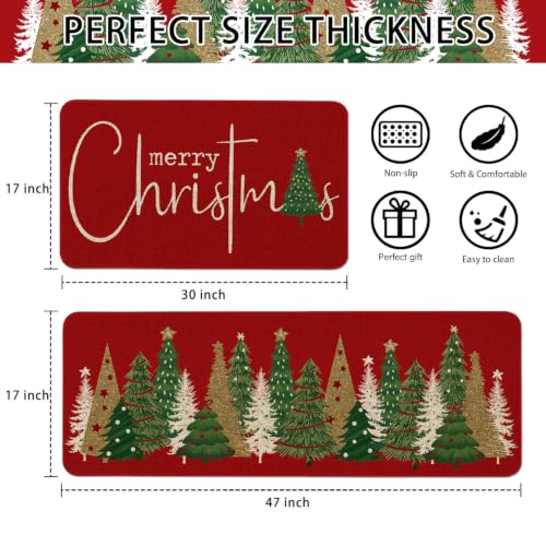 Christmas Tree Kitchen Mat Set of 2, Red - Non-Slip Linen Rugs for Indoor/Outdoor, 17x47 Runner + 17x30 Door Mat (Variation: Christmas Tree-red)