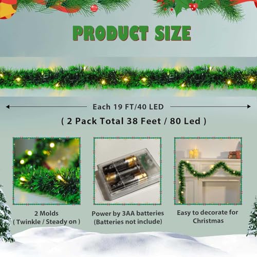 2 Pack Christmas Garland with Lights, Total 38 Feet 80 Led Lighted