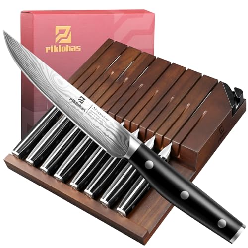 Piklohas Steak Knives Set of 8 with Drawer Organizer & Built-in Sharpener - Premium Cutlery