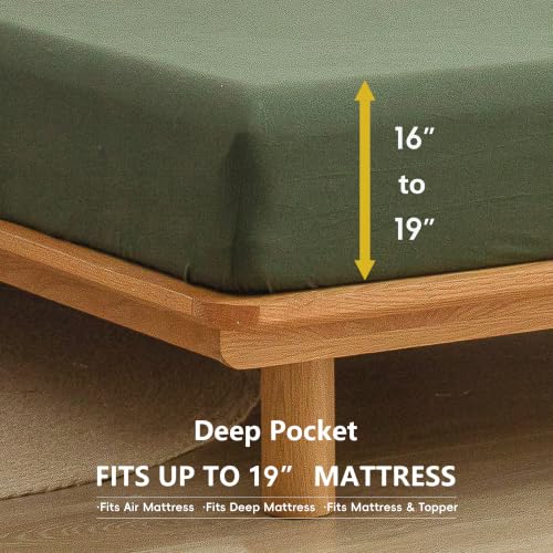 Queen Size Washed Cotton Linen Feel Sheet Set - Olive Green, 4 Pieces