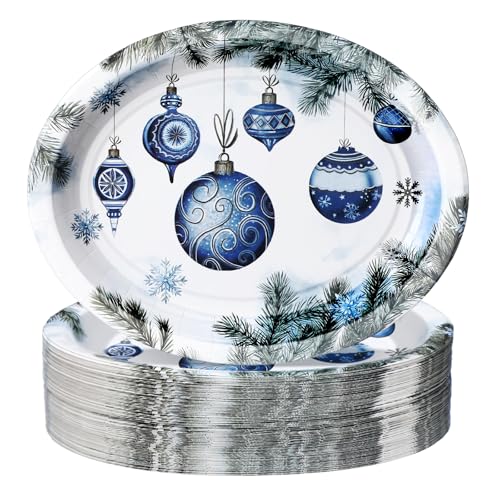 Tioncy 100 Count Xmas Ball Oval Paper Plates - Vintage Blue Holiday Party Disposables (100 / Xmas Ball)
