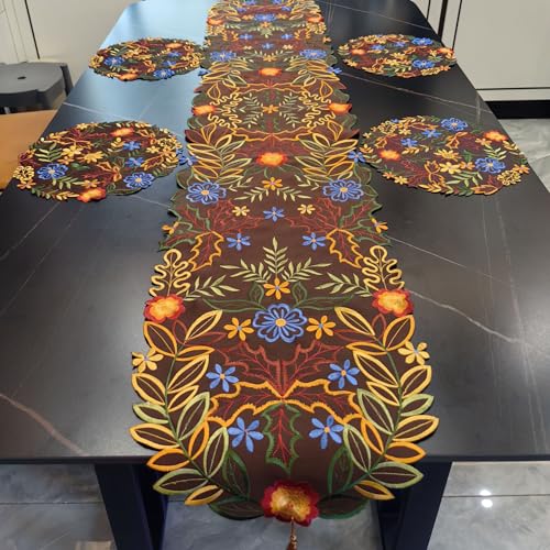 Autumn Flowers & Maples Table Runner 69in - LeLehome Embroidered Decor, 14" x 69"