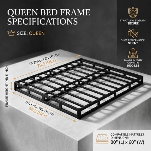 Queen Low Profile Box Spring 5 Inch Mattress Foundation - Easy Assembly Steel Frame