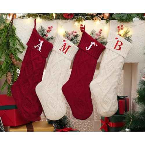 Personalized Christmas Stockings with Initials, 18 Inches Large Embroidered Monogrammed Cable Knit Christmas Stocking for Family, Xmas Holiday Party Gifts & Decoration for Fireplace(White,Letter A)