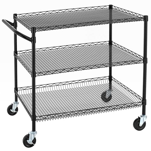 Heavy Duty 3-Tier Wire Utility Cart - 36"L x 24"W x 35.4"H, Black, NSF