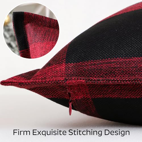 OTOSTAR Pack of 2 24x24 Inch Black and Red Gingham Buffalo Check Pillow Covers Linen Christmas Tartan Farmhouse Decor